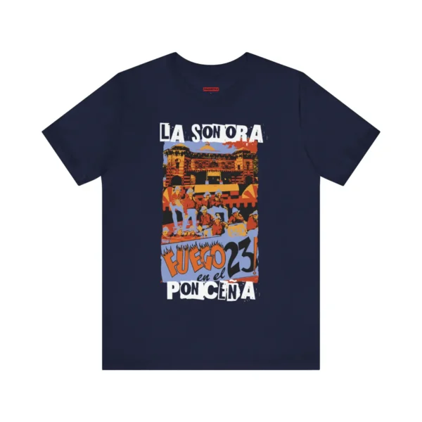 Tshirt azul con diseño colorido de la carátula del clásico de la salsa Fuego en el 23, de la Sonora Ponceña.