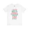 Tshirt blanco con texto turquesa y rosa con los nombres de los grandes de la salsa: Lavoe, Maelo, Frankie, Cheo, Andy.