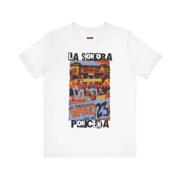 Tshirt blanco con diseño colorido de la carátula del clásico de la salsa Fuego en el 23, de la Sonora Ponceña.