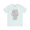 Tshirt heather ice blue con texto turquesa y rosa con los nombres de los grandes de la salsa: Lavoe, Maelo, Frankie, Cheo, Andy.