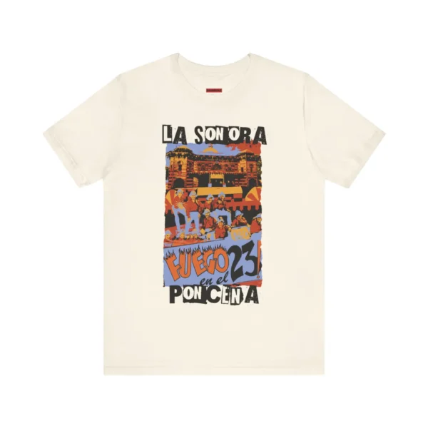 Tshirt natural con diseño colorido de la carátula del clásico de la salsa Fuego en el 23, de la Sonora Ponceña.