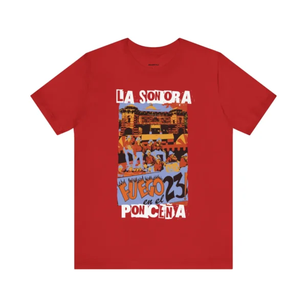 Tshirt rojo con diseño colorido de la carátula del clásico de la salsa Fuego en el 23, de la Sonora Ponceña.