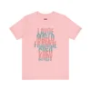 Tshirt rosa claro con texto turquesa y rosa con los nombres de los grandes de la salsa: Lavoe, Maelo, Frankie, Cheo, Andy.