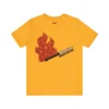 Tshirt amarillo con un fósforo encendido de color anaranjado y el texto en rojo: Fuego a la Jicotea de Marvin Santiago.