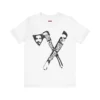 Tshirt blanco con un hacha y machete, con las caras de Willie Colon y Hector Lavoe y la bandera y el mapa de Puerto Rico.