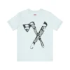 Tshirt azul claro con un hacha y machete, con las caras de Willie Colon y Hector Lavoe y la bandera y el mapa de Puerto Rico.