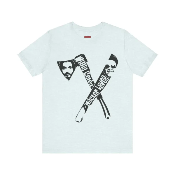 Tshirt azul claro con un hacha y machete, con las caras de Willie Colon y Hector Lavoe y la bandera y el mapa de Puerto Rico.