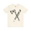 Tshirt color natural con un hacha y machete, con las caras de Willie Colon y Hector Lavoe y la bandera y el mapa de Puerto Rico.