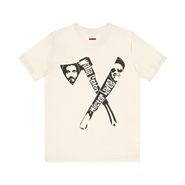 Tshirt color natural con un hacha y machete, con las caras de Willie Colon y Hector Lavoe y la bandera y el mapa de Puerto Rico.