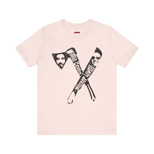 t-shirt-soft-pink-hacha-y-machete-hector-lavoe-willie-colon Soft pink t-shirt with hector Lavoe and Willie colon faces with a machete and an axe